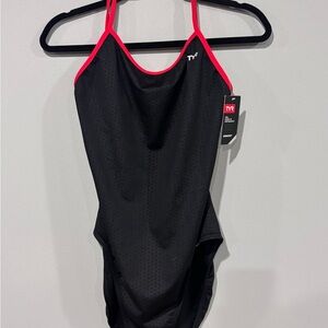 TYR Black One Piece Swimsuit with Red Accents 1X